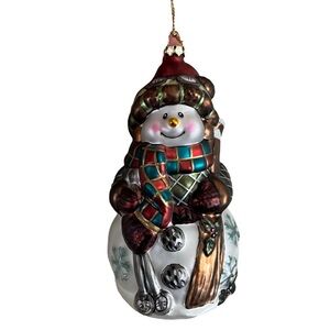 Festive Snowman Ornament with Colorful Scarf & Skis